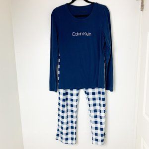 Calvin Klein fleece pj lounge set blue white pants lone sleeve graphic shirt M